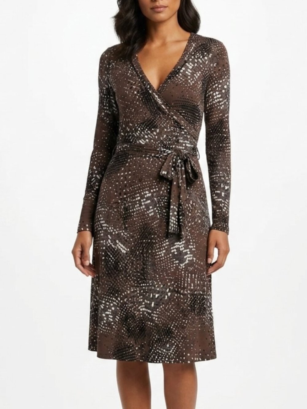 Cabi Dappled Dots Whimsigoth Faux Wrap Midi Dress Brown Grey Medium